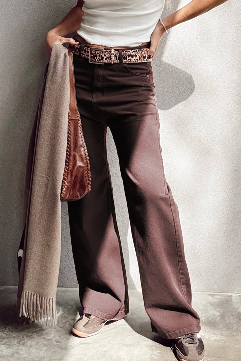 Coffee Solid Color Loose Straight High Waist Jeans Jeans 4e6803cd9d929786