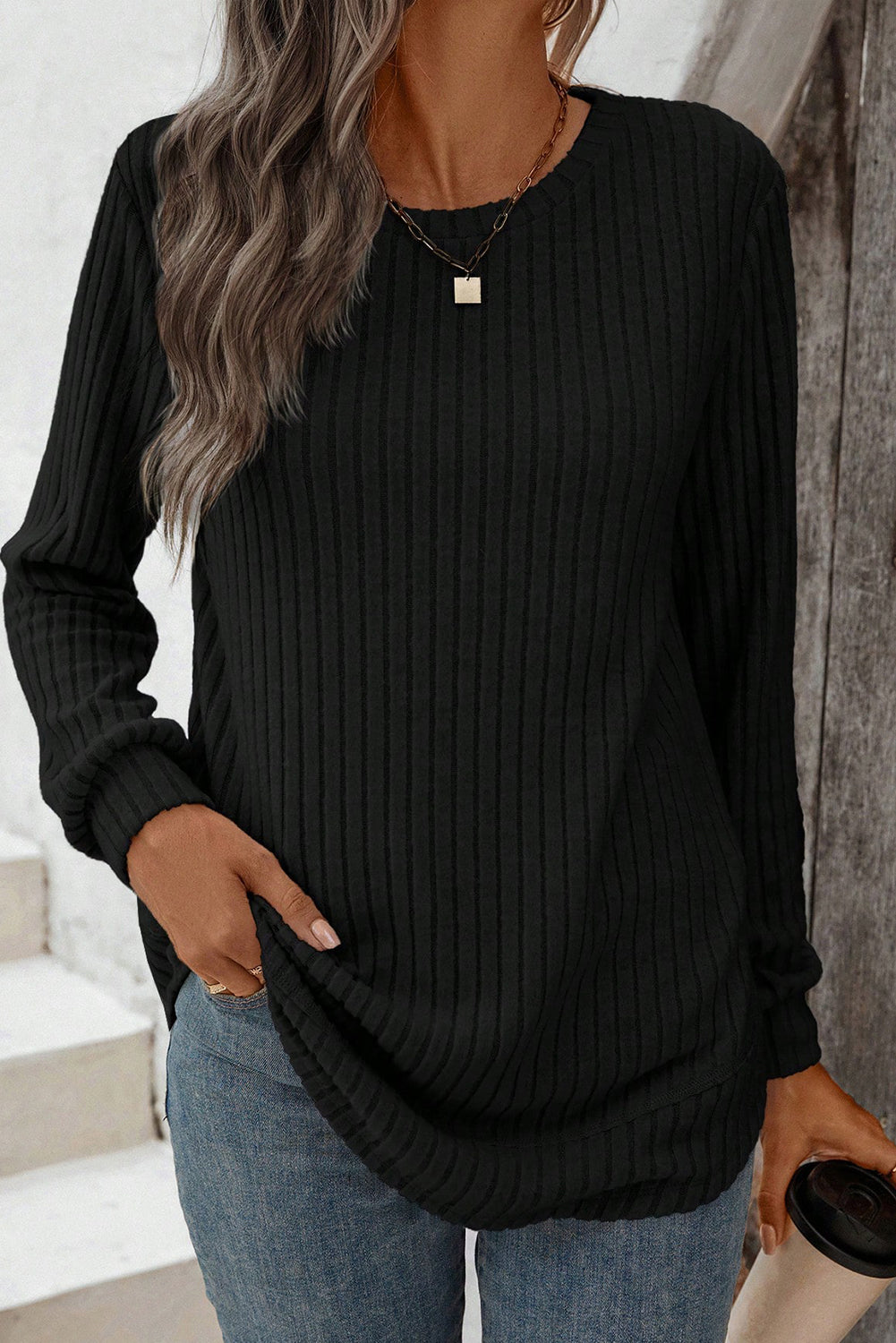 Ribbed Texture Round Neck Long Sleeve Rounded Hem Top Long Sleeve Tops 4e6d3ba24f4e53dd