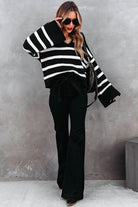 Black Caped V Neck Slit Sleeve Striped Sweater Sweaters 4e6ef76eded0f057