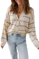 Multicolour Striped Buttoned Front V Neck Drop Shoulder Cardigan Cardigans 4e8a7ba3c7c9d913