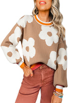 Smoke Gray Big Flower Pattern Contrast Striped Baggy Sweater Sweaters 4e9f1241b1d9947d