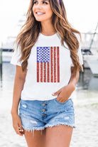 White Shimmery USA Flag Graphic Round Neck Tee Graphic Tees 4ef30acb23bd8a41