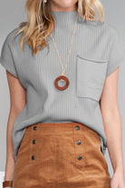 Oatmeal Patch Pocket Ribbed Knit Short Sleeve Sweater Knit Tops 4ef3153ad2c5e2b2