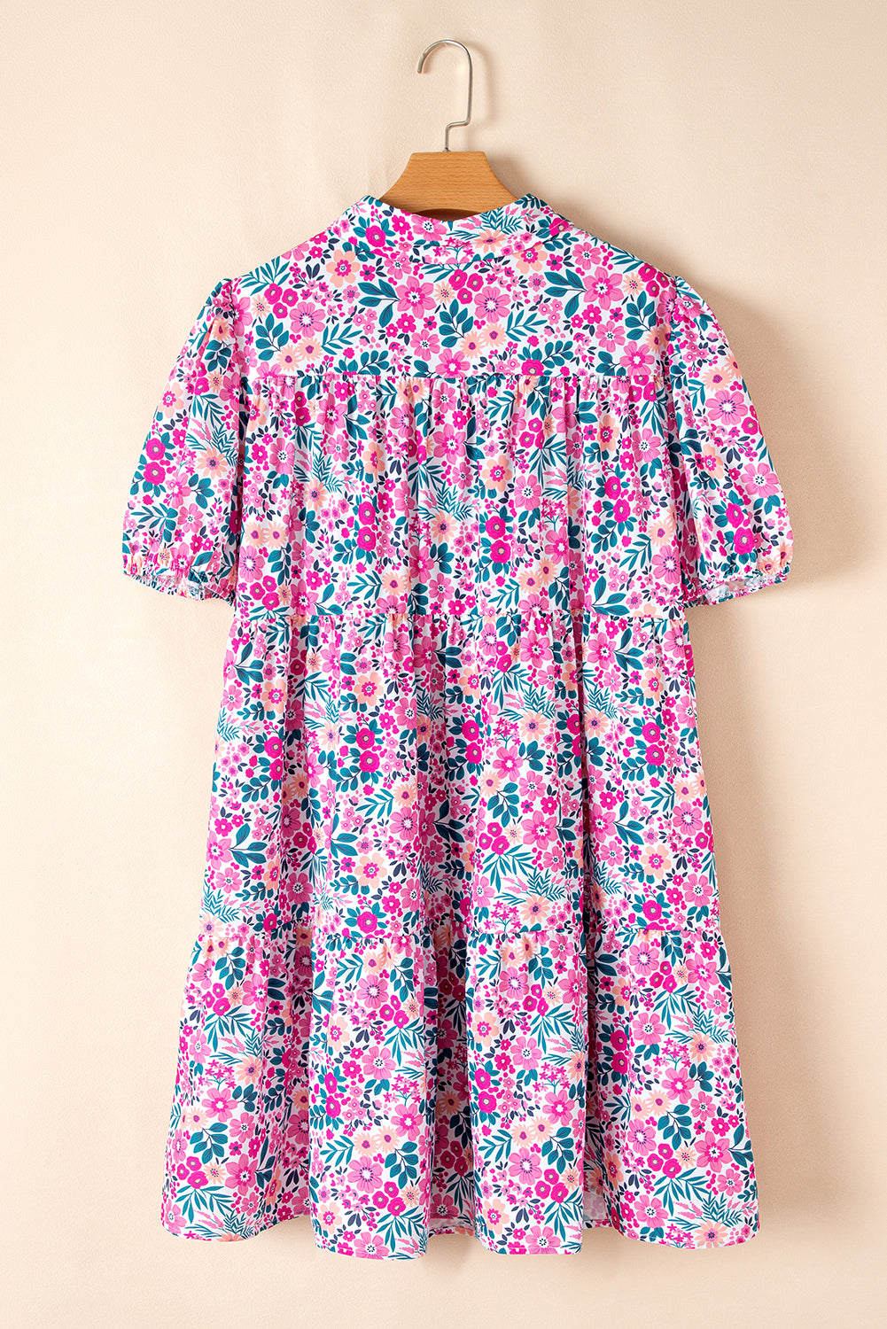 Pink Plus Size Floral Half Button Puff Sleeve A Line Dress Plus Size Dresses 4f252b882adb8bd9