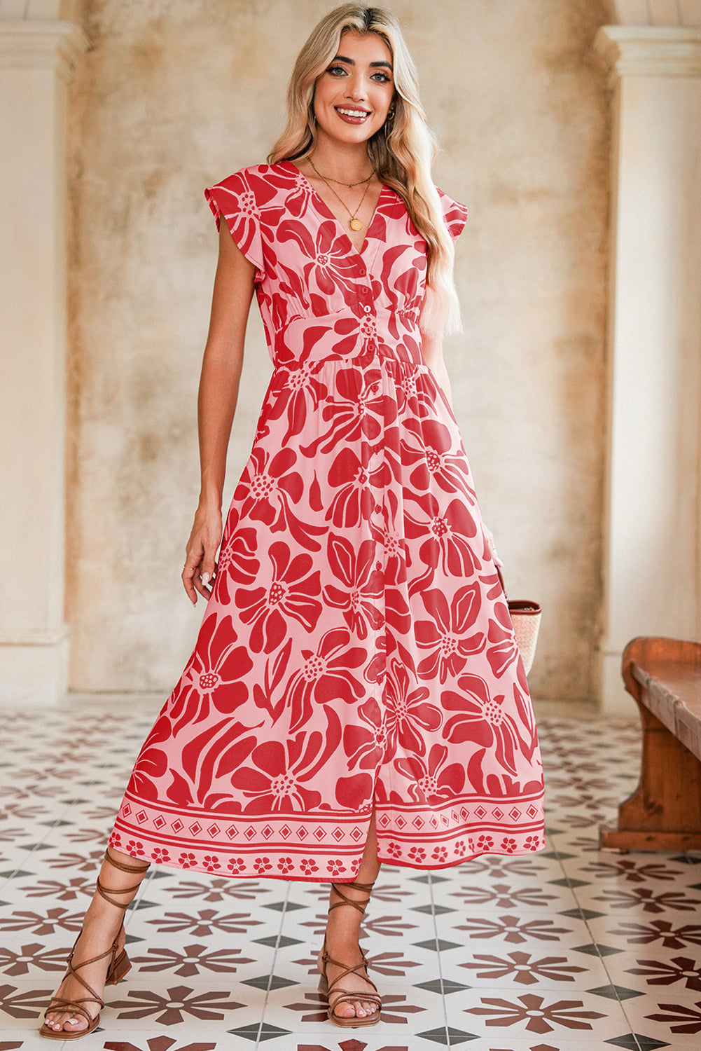 Red Boho Floral V-Neck Ruffle Shoulder Maxi Dress Maxi Dresses 4f3be7236d50c29b