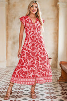 Red Boho Floral V-Neck Ruffle Shoulder Maxi Dress Maxi Dresses 4f3be7236d50c29b