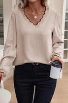 Jet Stream Contrast Scallop Trim V Neck Long Sleeve Top Blouses 4f7167fe25bb0721