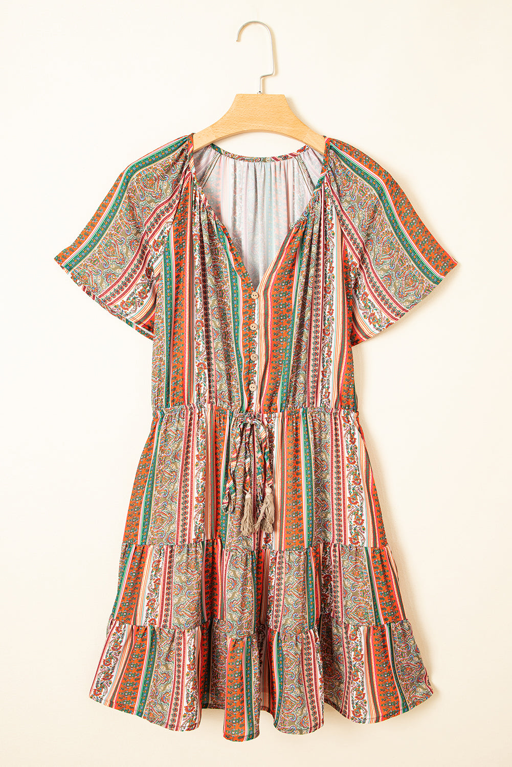 Red Bohemian Floral Print Buttoned V Neck Ruffle Tiered Dress Short Dresses 4f72982a0b00ba68