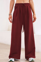 Burgundy Tied Elastic High Waist Pleated Detail Solid Sweatpants Pants & Culotte 4f73218a9df388ee