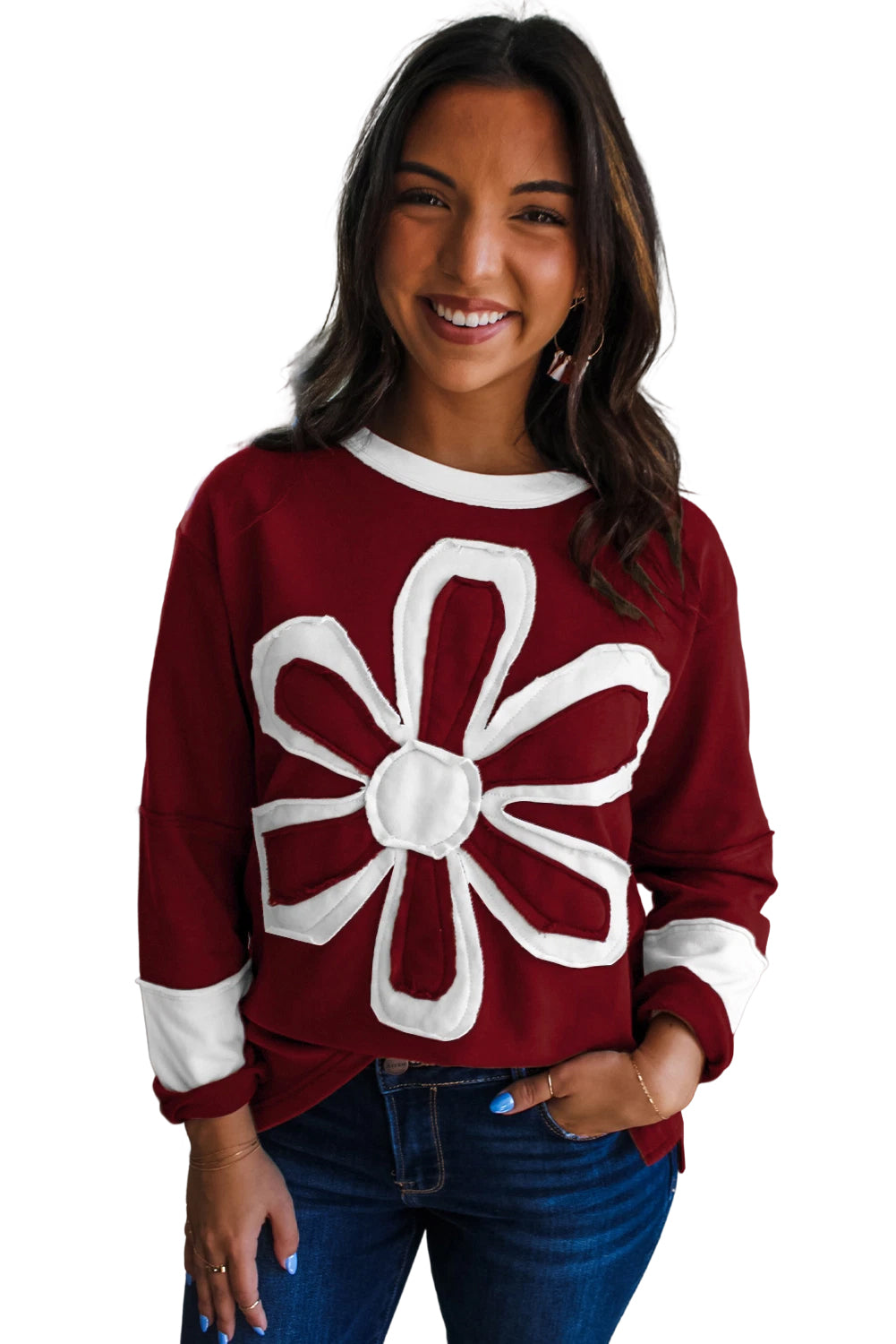 Red Dahlia Cheerful Daisy Flower Patched Round Neck Long Sleeve Top Long Sleeve Tops 4f8b41c2295d21de