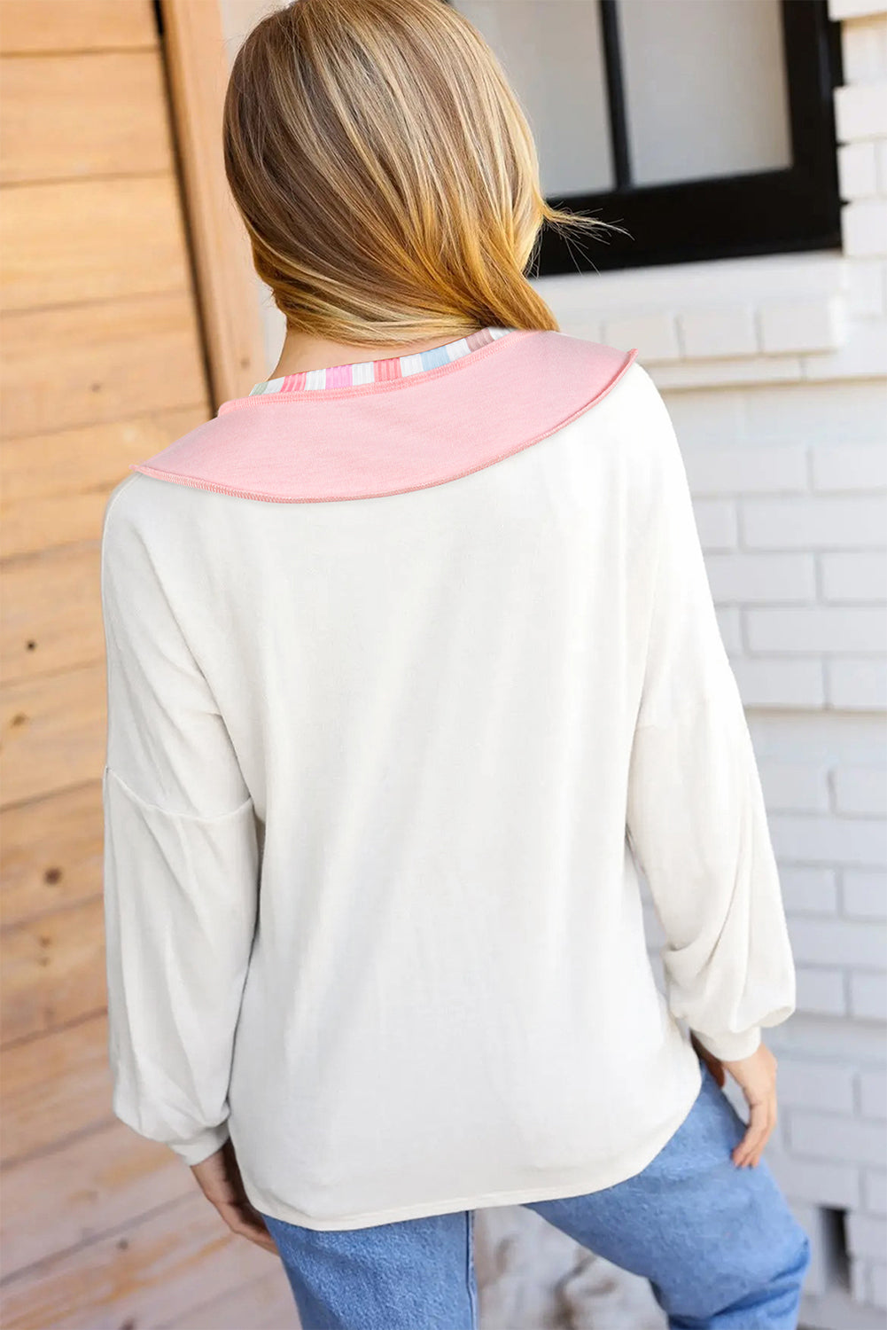 White Rainbow Striped V Neck Colorblock French Terry Top Long Sleeve Tops 4f98243664782db7