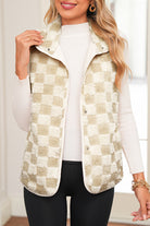 Khaki Sherpa Checkerboard Snap Button Vest Jacket Jackets 4fb36a9ef9be1629