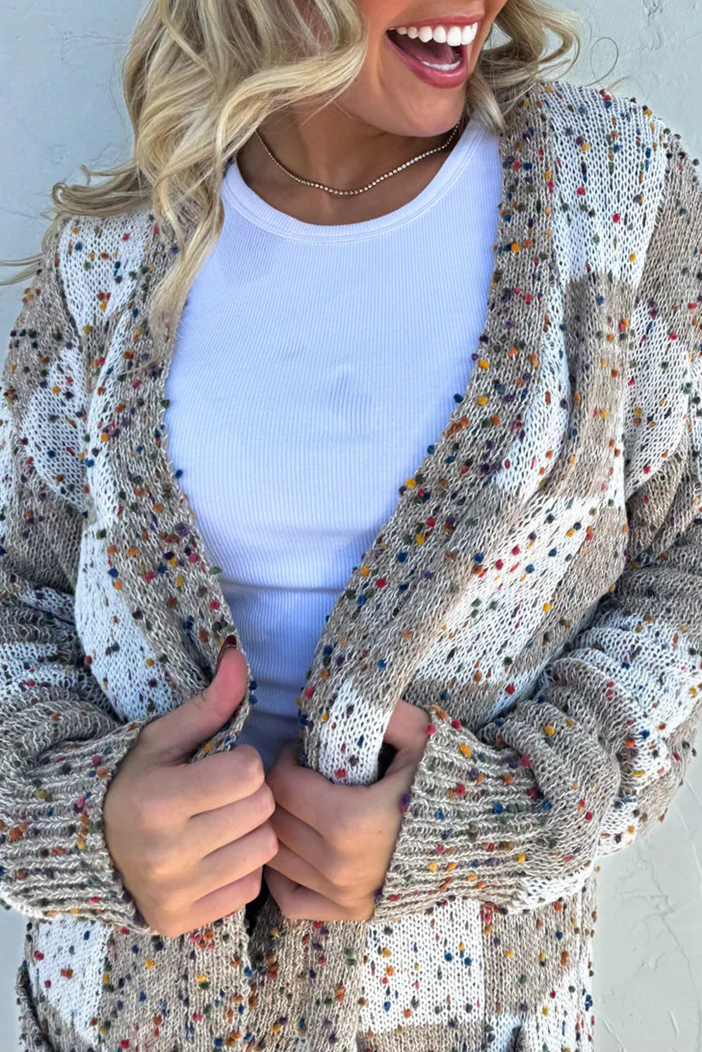 Brown Confetti Dot Checkered Print Open Cardigan with Pockets Cardigans 4fcc19219f7e2bde