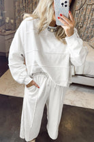 White Textured Raw Seam Plus Size Pullover Top and Drawstring Pants Set Plus Size Matching Sets 4fdc073d6d32b7f7