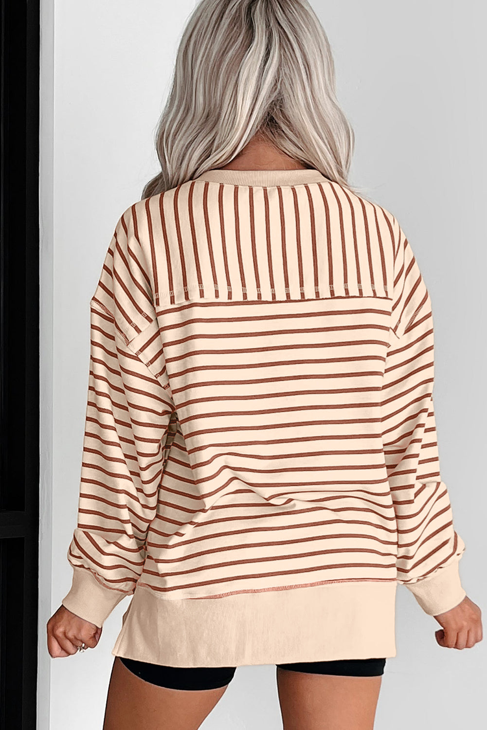 Khaki Stripe Ribbed Band Seam Detail Baggy Sweatshirt Sweatshirts & Hoodies 4fdd88033368159e
