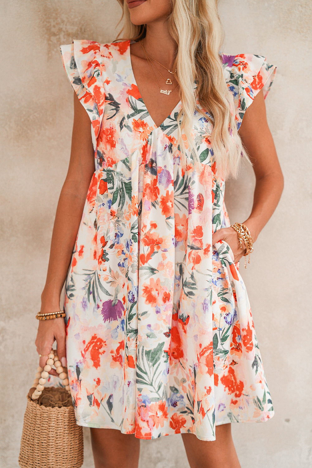 Pink Floral Ruffle Sleeve V Neck High Waist Mini Dress Short Dresses 4fe6c2ef90732f89