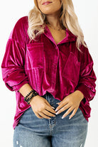Bright Pink Plus Size Velvet Chest Pocket Drop Shoulder Shirt Plus Size Tops 503187fc05356375