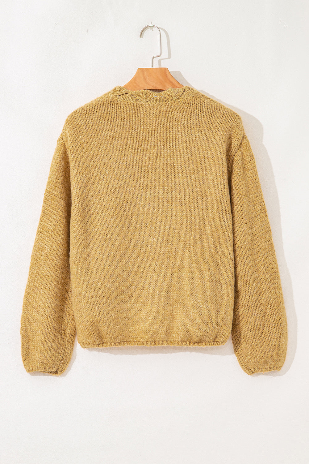 Light French Beige Lantern Sleeve Scallop V Neck Buttoned Front Cardigan Cardigans 504a9bbafebdf573