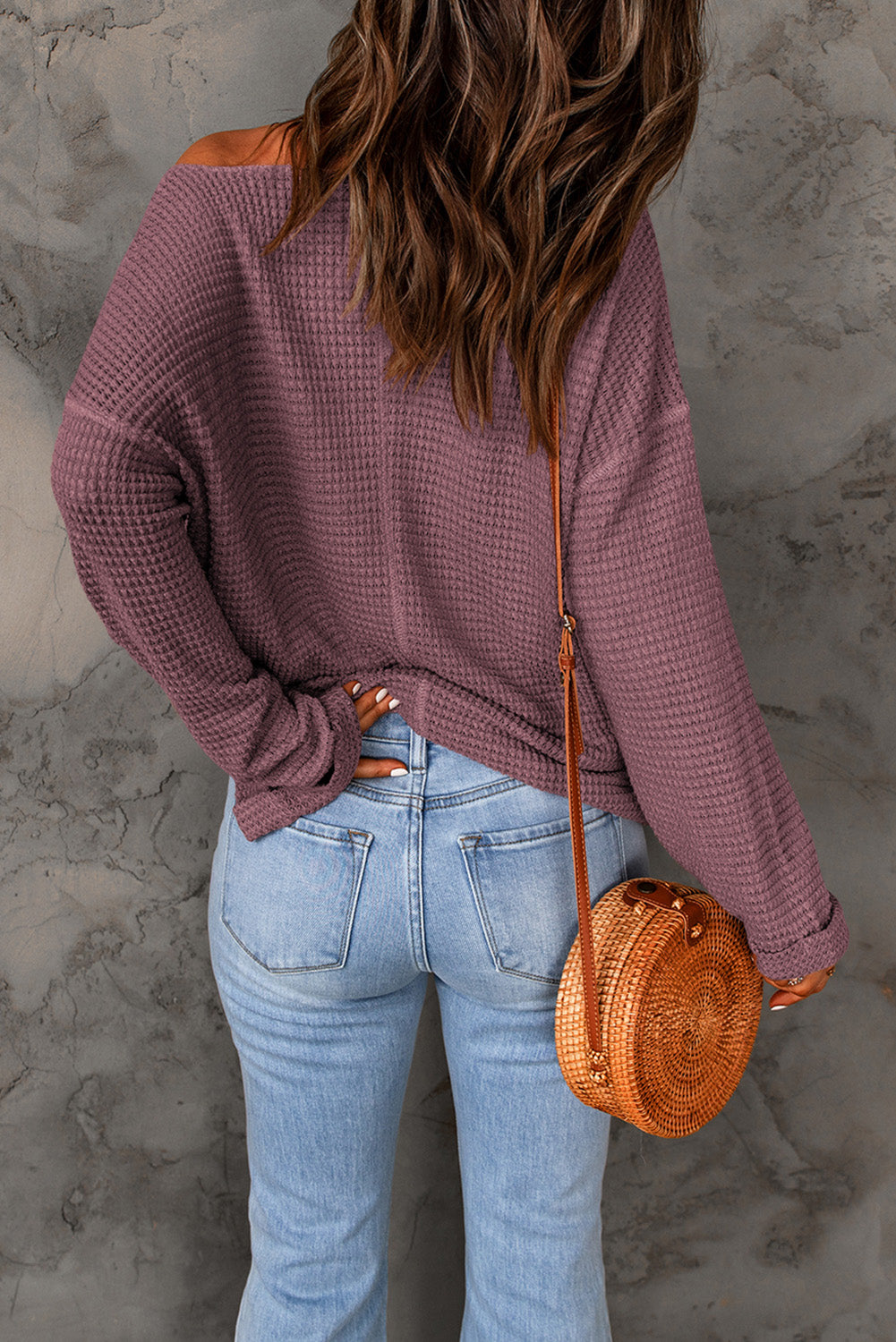 Purple Waffle Knit Split V Neck Drop Shoulder Long Sleeve Top Long Sleeve Tops 505f319a95f029e0