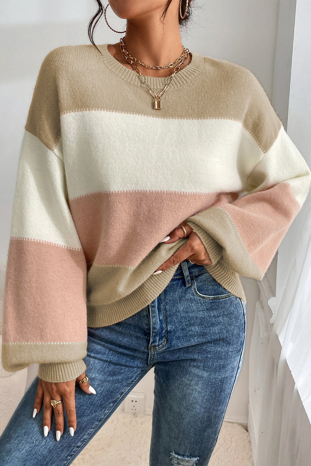 Dusty Pink Color Block Lantern Sleeve Drop Shoulder Sweater Sweaters 5072bf988fcf81ba