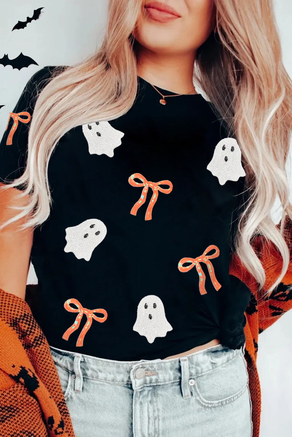 Black Bow Ghost Sequin Patched Halloween Graphic Tee Graphic Tees 5073d25ec284d933