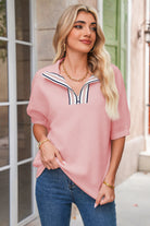 Light Pink Puff Sleeve Zipper Pop of Color Neckline Blouse Blouses 507af3545dc99d75