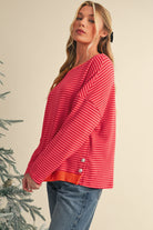 Tomato Red Two Tone Striped Side Buttons Drop Shoulder Top Long Sleeve Tops 50a0c3d2563d7e36