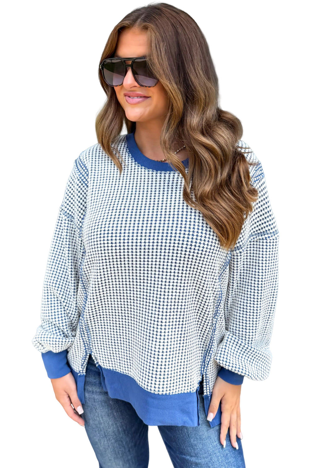 Dark Blue Waffle Knit Exposed Stitching Casual Top Long Sleeve Tops 50dbd9e243aaeecb