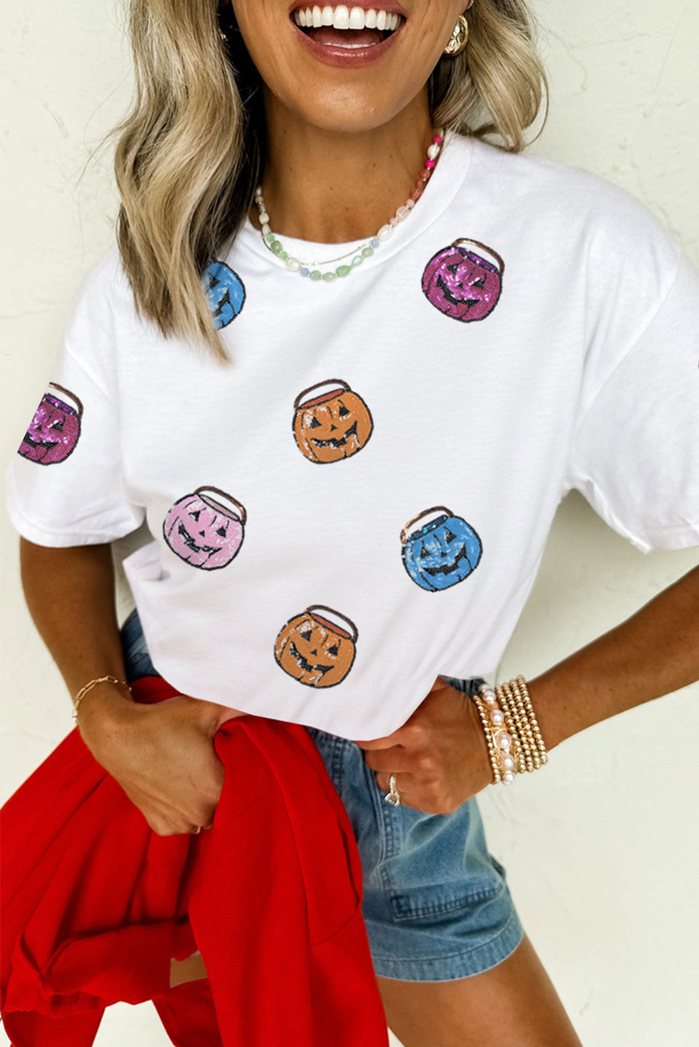 White Sequin Pumpkin Face Patched Crew Neck Holiday T Shirt Graphic Tees 50e45d64497ab8ab