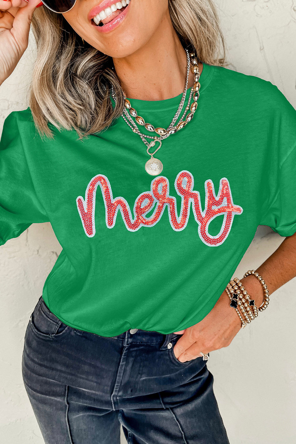 Bright Green merry Letter Sequins Patch Cotton Blend Tee Graphic Tees 50f011a47575648b