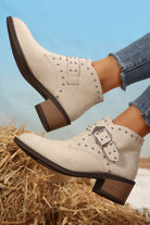 White Faux Leather Studded Pointed Toe Block Heel Ankle Boots Boots 51021e259352e63b