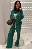 Sea Green Solid Color Pullover Top Varsity Stripe Detail Loose Drawstring Pants Set Two Piece Pants Sets 5150bb0547596e58