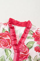 Rose Plus Size Floral Print Frill Neck Short Sleeve Blouse Plus Size Tops 518134f1bd14d831