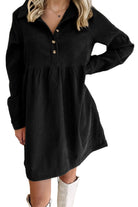 Black Corduroy Half Button Collared Long Sleeve Mini Dress Short Dresses 51842a60f7155607