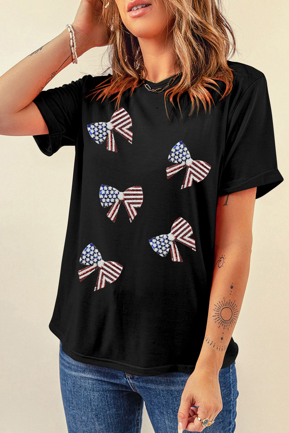 Black Sequined Flag Bowknot Graphic Roll Up Sleeve T Shirt Graphic Tees 518c08d38ff7f3c5
