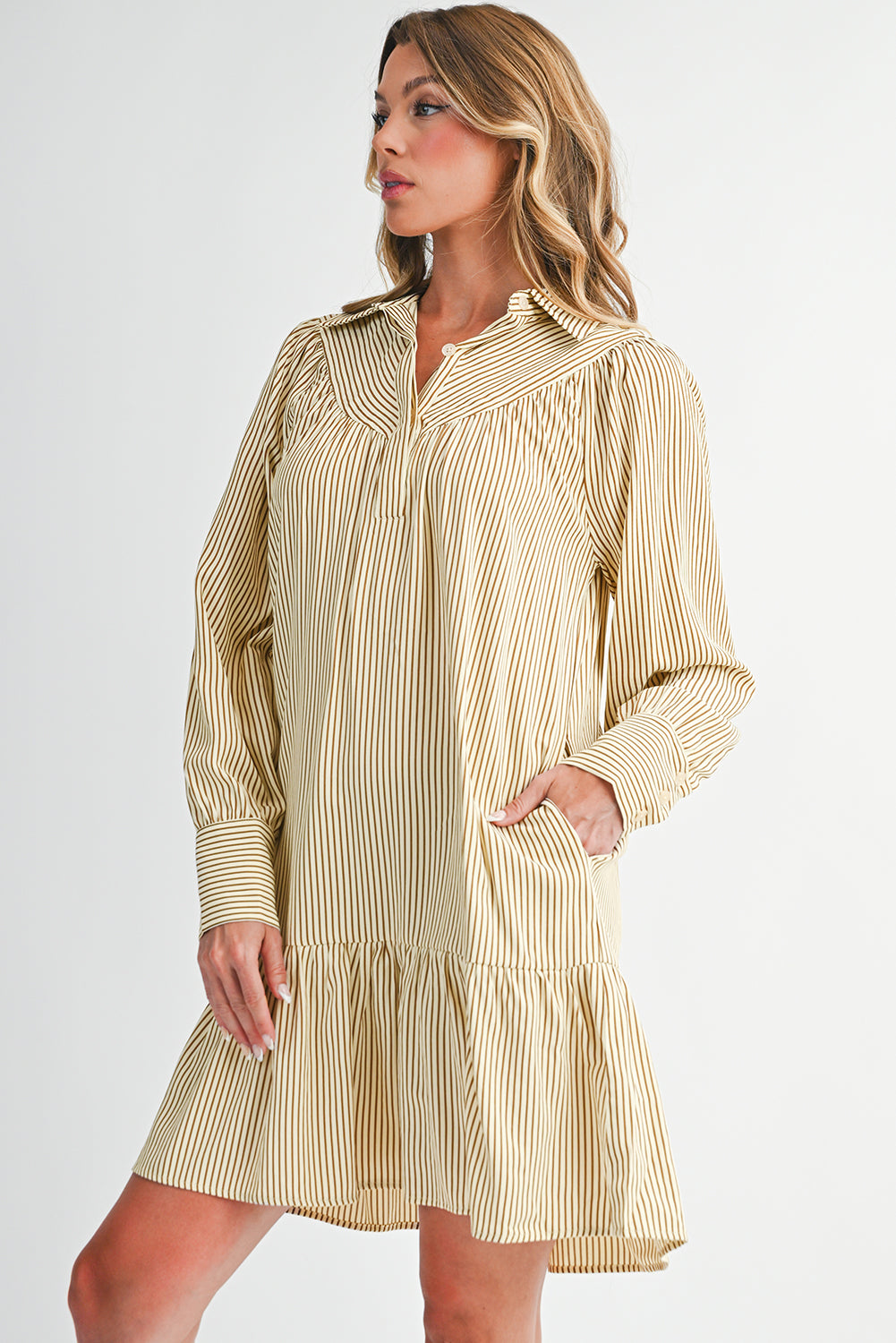 Brown Striped Shirt Collar Ruffle Hem Long Sleeve Dress Short Dresses 519aed1c44bb9d01