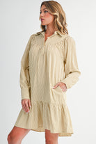 Brown Striped Shirt Collar Ruffle Hem Long Sleeve Dress Short Dresses 519aed1c44bb9d01
