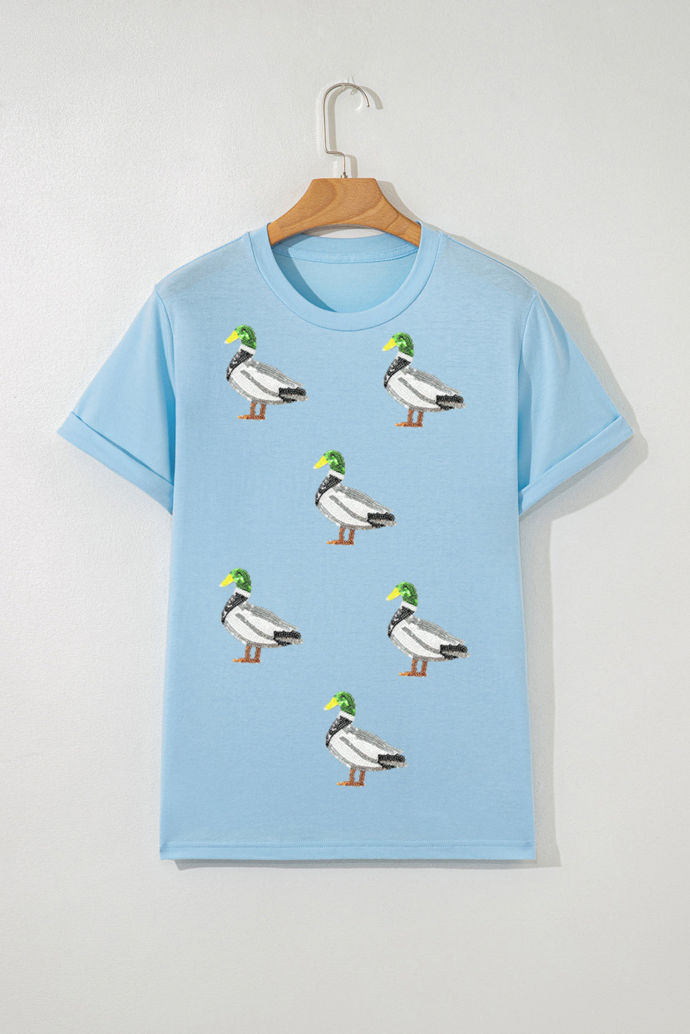 Light Blue Mallard Duck Graphic Sequins Patch Casual Tee Graphic Tees 51d813f175dae92d