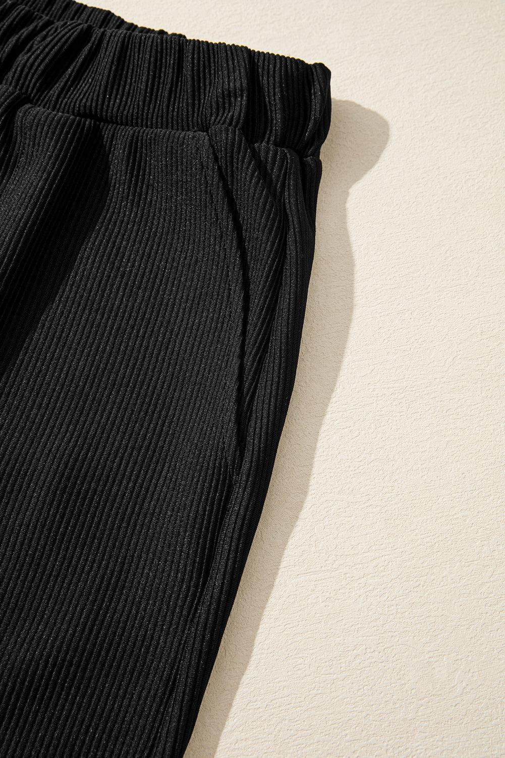 Black Ribbed Texture Baggy Drop Shoulder Pullover and Shorts Set Two Piece Shorts Sets 51faecad406436c8