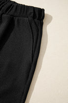 Black Ribbed Texture Baggy Drop Shoulder Pullover and Shorts Set Two Piece Shorts Sets 51faecad406436c8