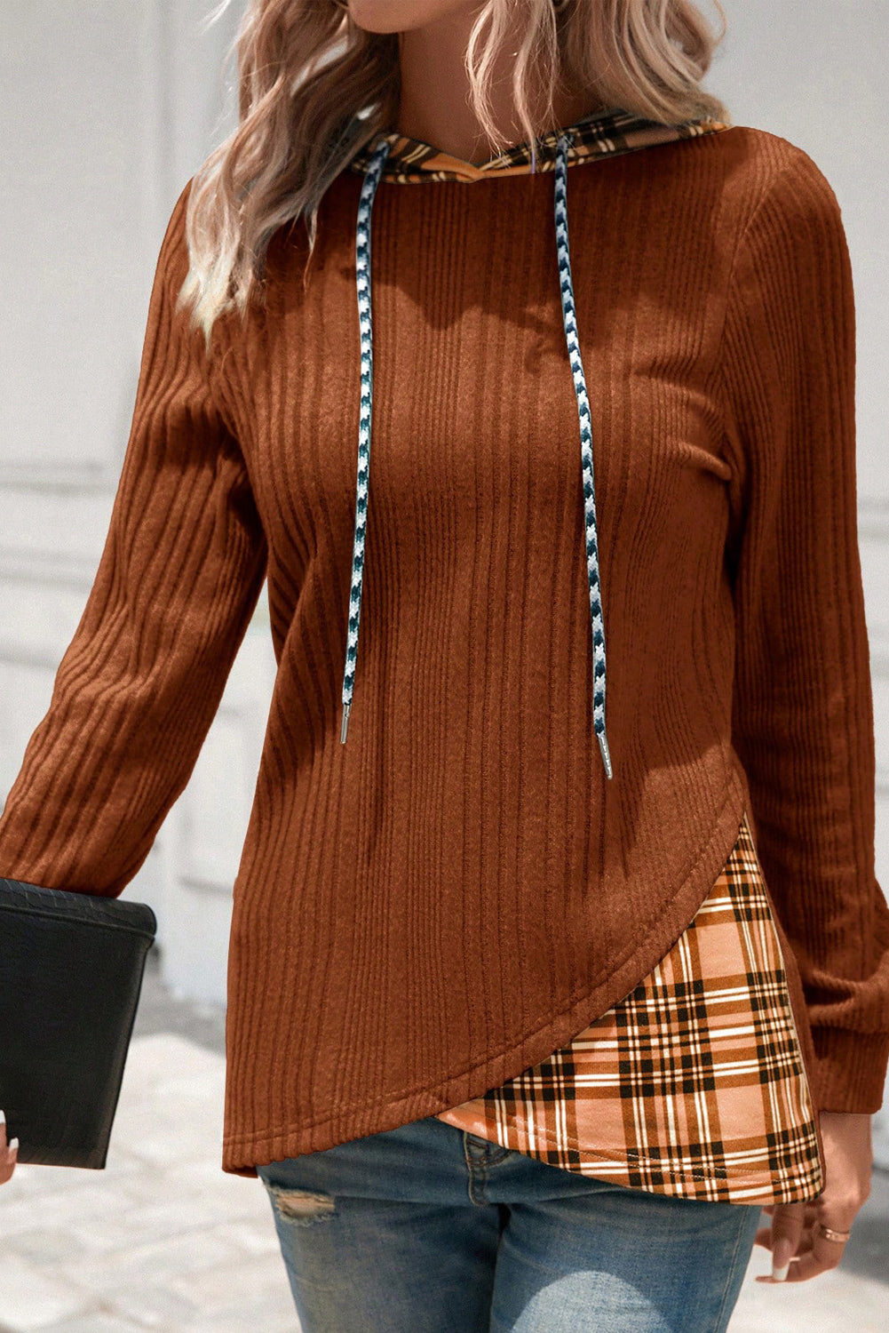 Chestnut Plaid Patchwork Ribbed Knit Drawstring Hooded Top Long Sleeve Tops 52319ccffc449543