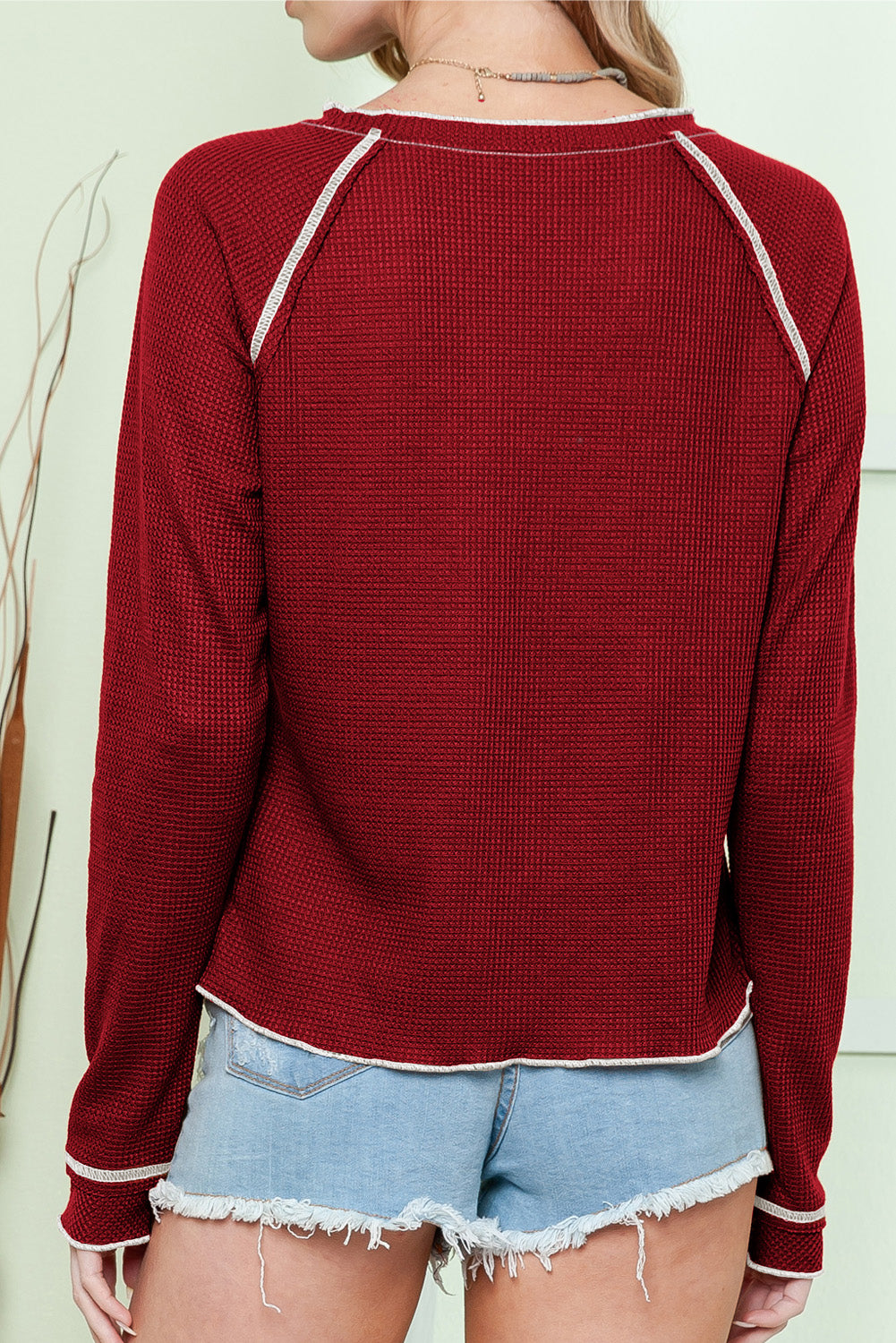 Red Exposed Seam Textured Pullover Long Sleeve Top Long Sleeve Tops 524ae2ab410c78ed