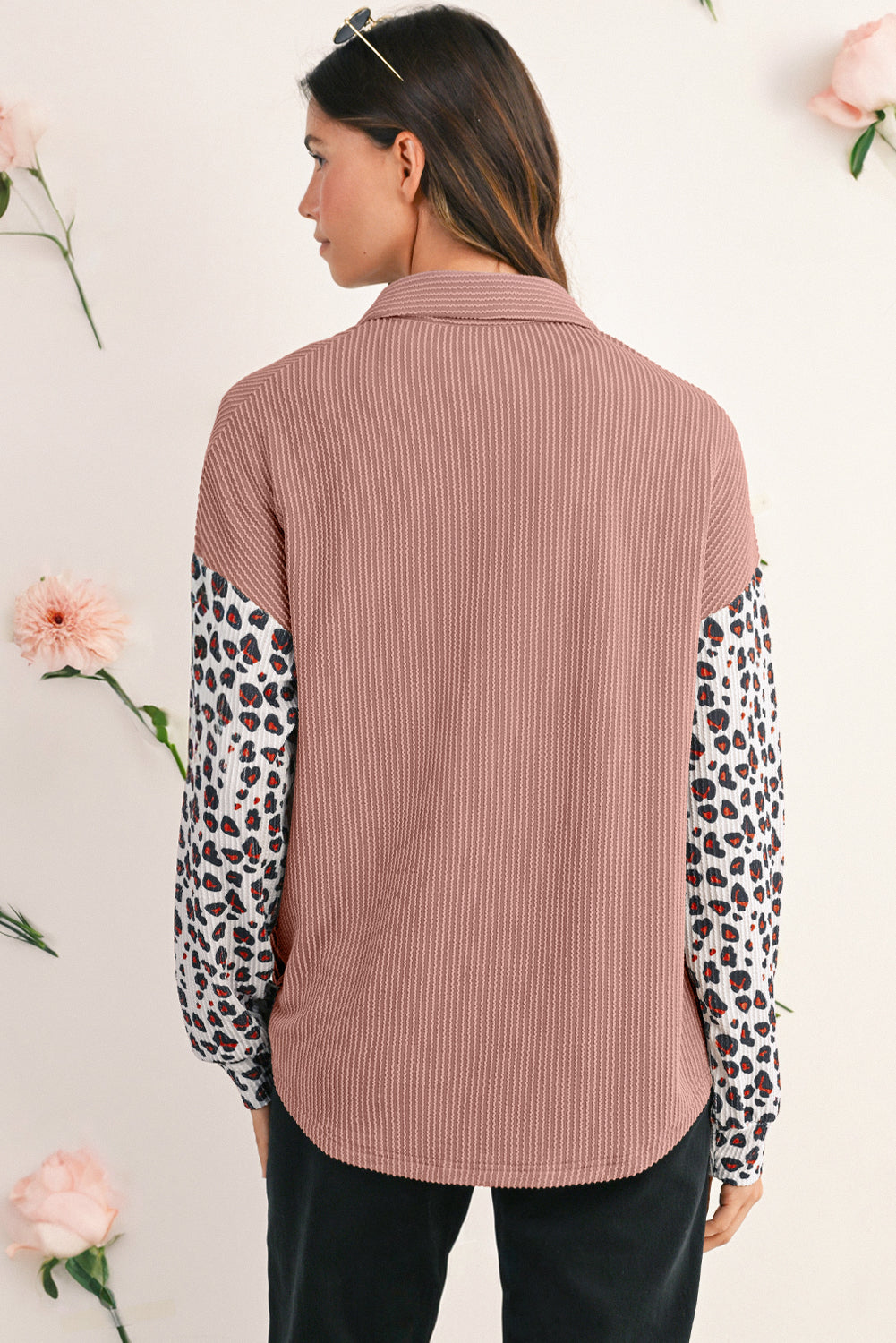 Dark Khaki Leopard Patchwork Twisted Ribbed Casual Shacket Jackets 5257df5c70af5a76