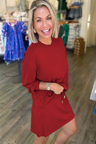 Racing Red Solid Color Drop Shoulder Pullover Drawstring Mini Skirt Set Two Piece Skirt Sets 5264208b954e7bfb