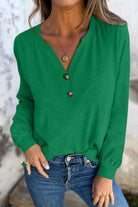 Mist Green Casual Button V Neck Long Sleeve T-Shirt Long Sleeve Tops 526e4f79cad6fc0e