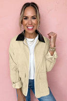 Parchment Contrast Leather Collar Textured Zip Up Jacket Jackets 52934313f5f1d712