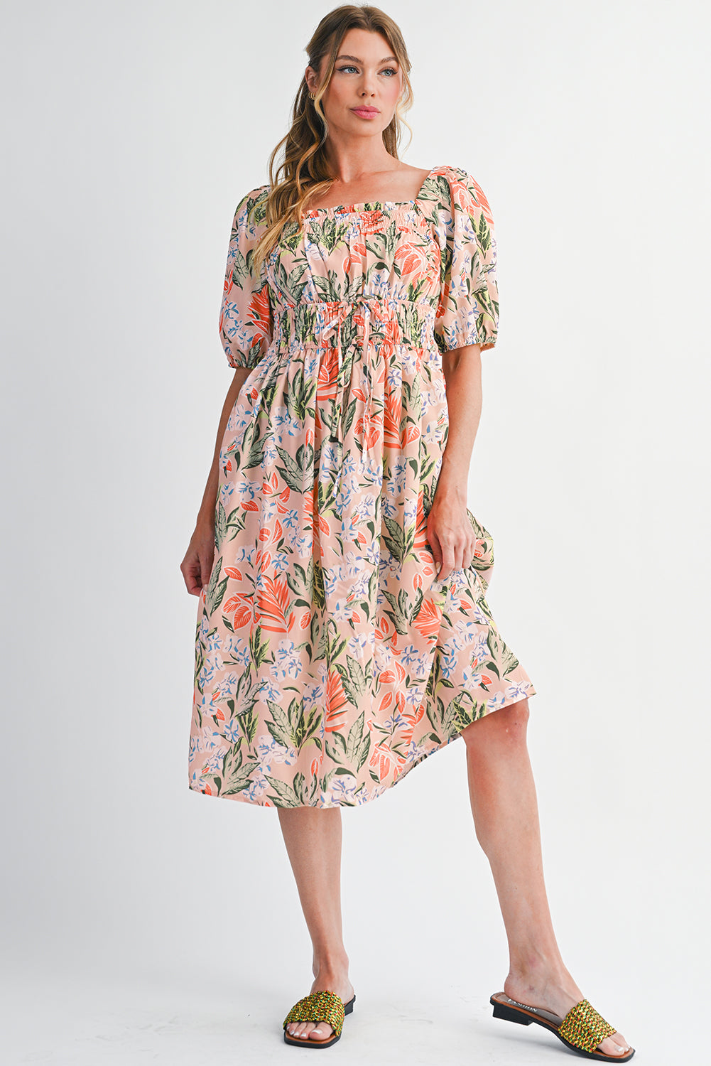 Apricot Pink Floral Knot Front Smocked Bubble Sleeve Dress Midi Dresses 52af273e5173d49d