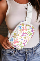 White Bow Print Zipper Wide Belt Crossbody Bag Crossbody Bags 52e47bd93be650cb