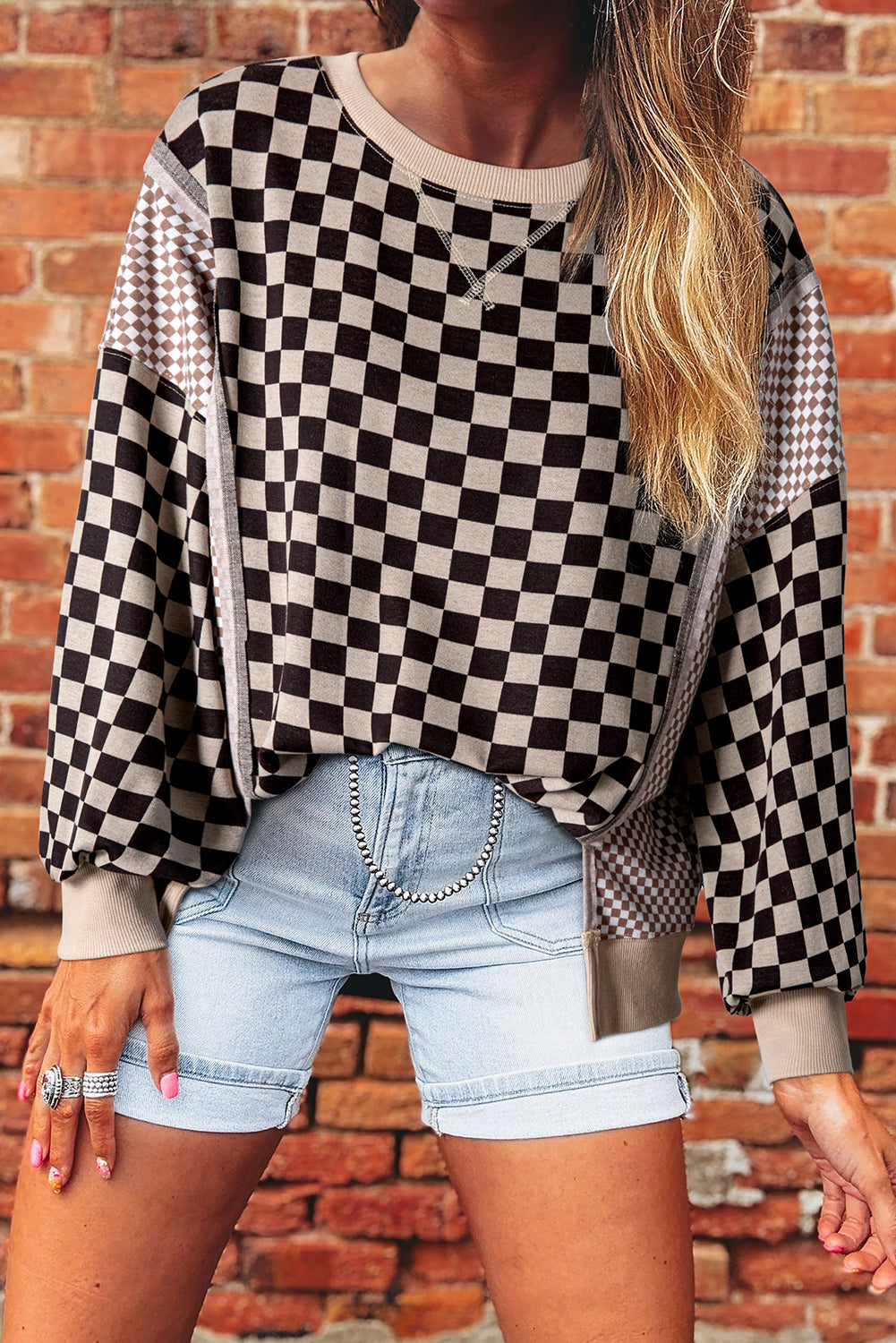 Khaki Mixed Checkered Pattern Patchwork High Low Casual Top Long Sleeve Tops 531eec736eb2fd72