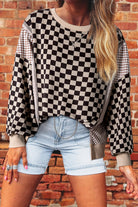 Khaki Mixed Checkered Pattern Patchwork High Low Casual Top Long Sleeve Tops 531eec736eb2fd72